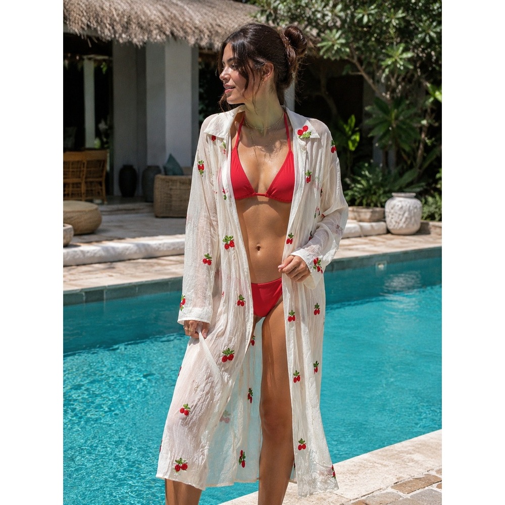 Elle Cherry Embroidered Sheer‎ Duster